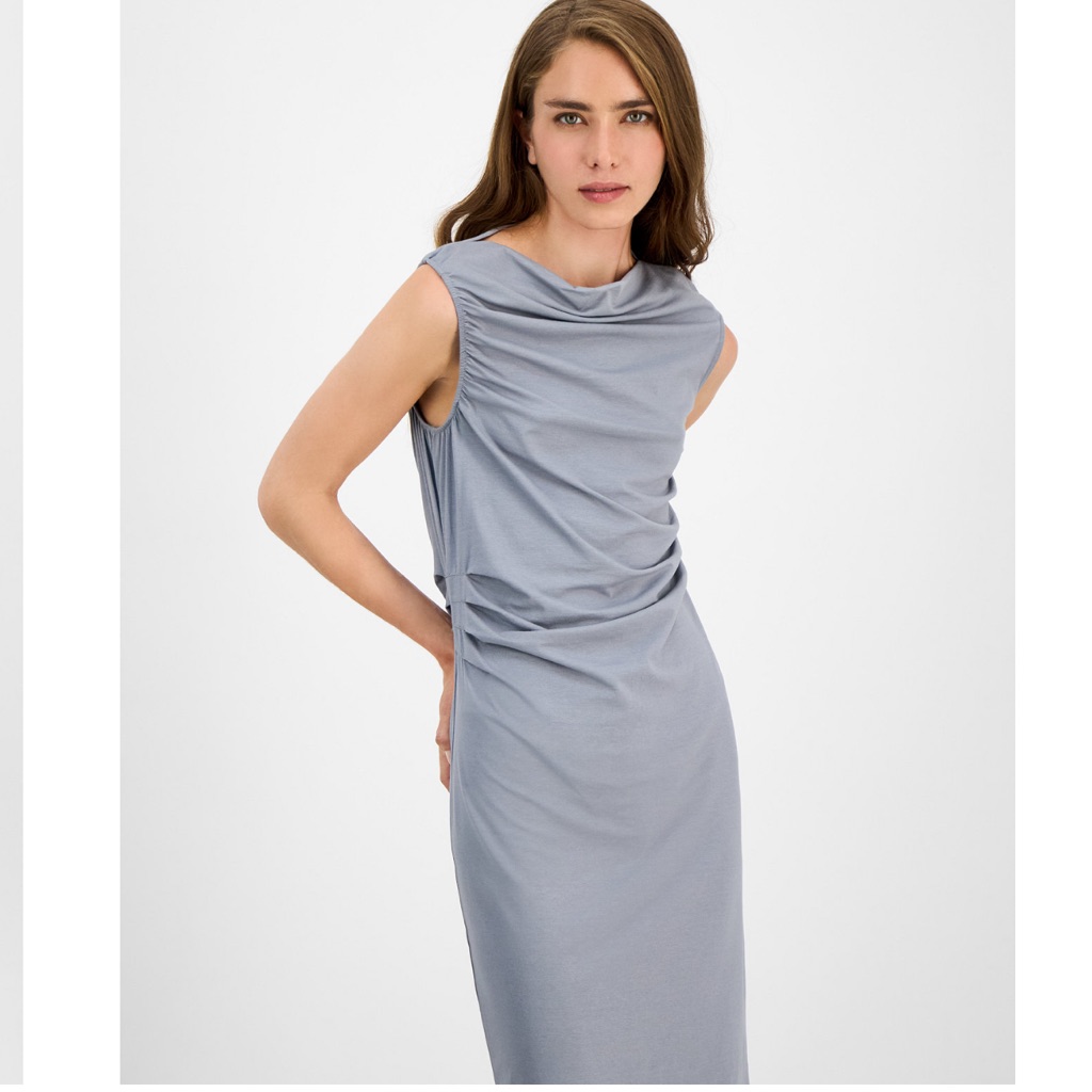 Boss Sleeveless Ruched Midi Dress In Steel Blue